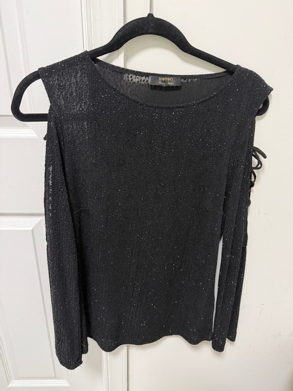Koton Black Sparkle Cold-Shoulder Top